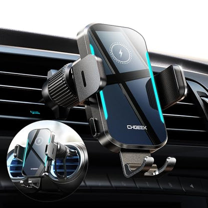 Wireless Car Charger, 15W Fast Charging Car Phone Holder Charger Auto-Clamping Air Vent Car Phone Mount with Blue LED Backlit for iPhone 16 15 14 13 12, Samsung S24 S23 S22, etc