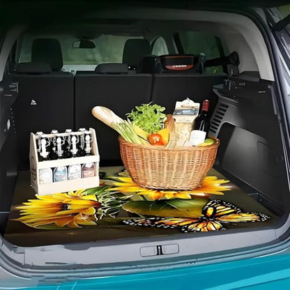 Universal Car Trunk Mat 29" x 39",Sunflower and Butterfly All Weather Trunk Protection Cargo Liner,Durable Cargo Mat Rear Trunk Liner, Stylish Vehicle Interior Accessories Suitable for Most Car Models - color: Sunflower Butterfly