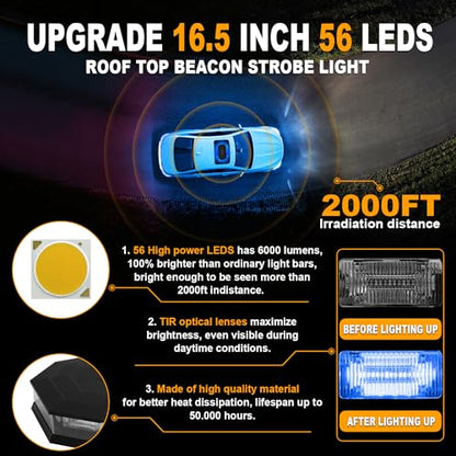 ASPL 16.5 Inch Roof Top Beacon Emergency Strobe Light with Controller 56 LED Magnetic Warning Caution lights bar Traffic Hazard Plow Light for Trucks Vehicles Construction Snowplow (Blue) - color: Blue