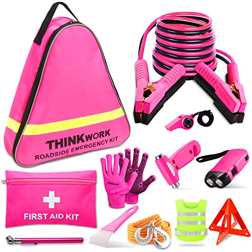 THINKWORK Car Emergency Kit for Teen Girl and Lady's Gifts, Pink Emergency Roadside Assistance kit with 10FT Jumper, First Aid Kit, Safety Hammer, Tow Rope, and More Ideal Pink Car Accessories Tool - color: Old Pink