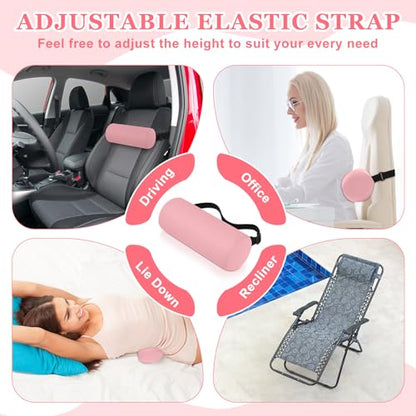 Wenqik 2 Pcs Lumbar Support Pillow Lumbar Roll Lower Pillow Office Seat Cushion with Adjustable Strap and Washable Cover for Travel Gaming Chair Car Seat Pain Relief(Pink) - color: Pink
