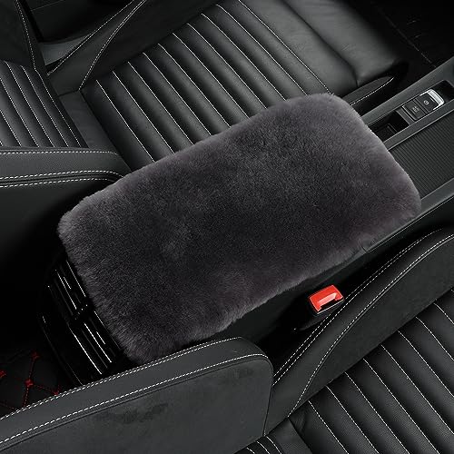 Genuine Sheepskin Center Console Cover Pad Genuine Furry Fluffy Wool Fur Car Armrest Cover Protector Universal Fit for SUV/Truck/Car - color: Shearling-Dark Gray