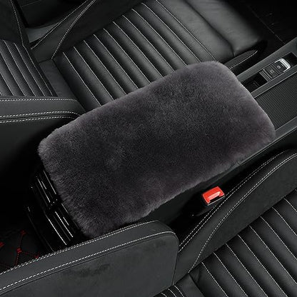 Genuine Sheepskin Center Console Cover Pad Genuine Furry Fluffy Wool Fur Car Armrest Cover Protector Universal Fit for SUV/Truck/Car - color: Shearling-Dark Gray