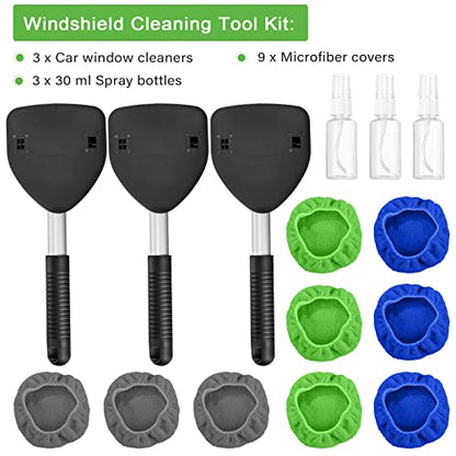 Tallew 3 Pcs Microfiber Car Windshield Cleaner Tool Car Interior Detailing Cleaning Kit with Extendable Handle and 9 Reusable Microfiber Pads Auto Glass Wiper Window Cleaning Kit for Home