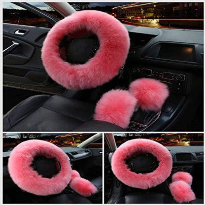 1 Set 3 Pcs Car Steering Wheel Cover & Handbrake Cover & Gear Shift Cover Set Faux Wool Warm Winter (Pink-3pcs) - color: Pink-3pcs
