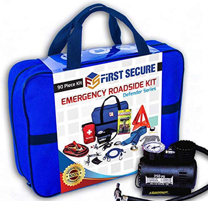 Car Emergency Kit with Air Compressor, Jumper Cables, First Aid, Tow Strap, Tire Gauge, Headlamp – Roadside Safety Kit for Women, Men, Teens - color: Blue