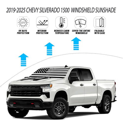 D-Lumina Windshield Sun Shade for 2019-2025 Chevy Silverado 1500 Accessories, Front Window Sunshade American Flag Sun Visor Protector Sun Shield Block UV Rays Heat, Foldable 2 Layers 210T Material - size: Silver & Black-Fit 2019-2025 Chevy Silverado 1500