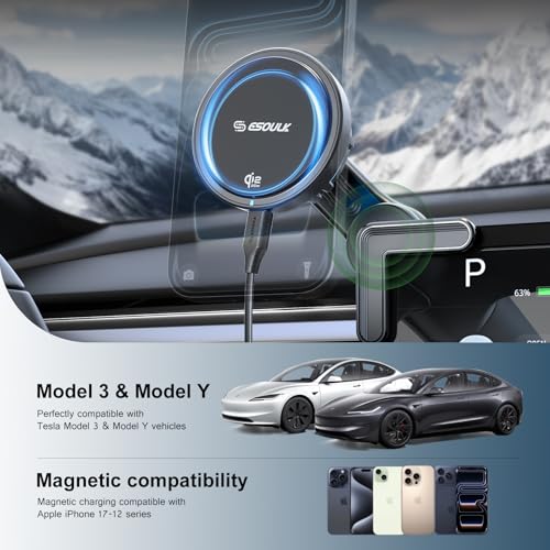 [2026 Upgraded] Qi2 25W Fast Wireless Car Charger for Tesla Model 3/Y, Magnetic Phone Mount with Active Cooling Fan, Dashboard Screen Mount for iPhone & Android