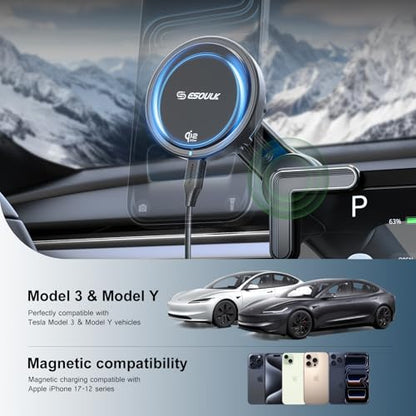 [2026 Upgraded] Qi2 25W Fast Wireless Car Charger for Tesla Model 3/Y, Magnetic Phone Mount with Active Cooling Fan, Dashboard Screen Mount for iPhone & Android