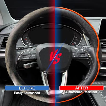 HAOTULE Leather Steering Wheel Cover， with Anti-Slip Stripe Design - Enhanced Grip, Fashion Style, Safe, Non-Slip, Breathable. Upgrade car Interior，Orange - color: Black Orange