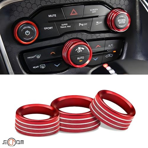 Air Conditioner Switch Button Knob Cover, Car Interior Accessories Radio Volume Control Knob, Aluminum Alloy Trim Rings Compatible with Dodge Challenger Durango 2015-2022 - color: Red