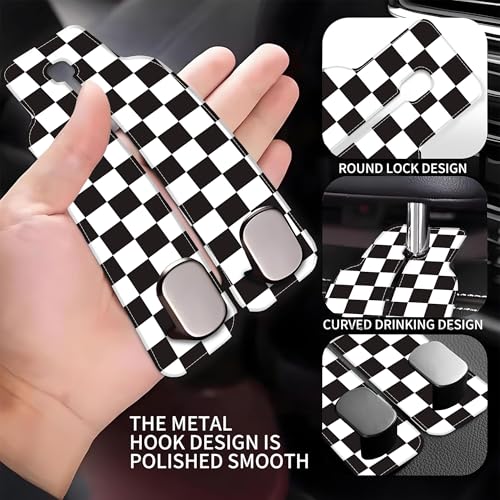 Car Headrest Purse Hanger Black and White Checkered 1 Pack Bag Purse Holder for Car Premium Leather Double Metal Hook for Handbags, Grocery Bags and Phones - color: Black and white checkered