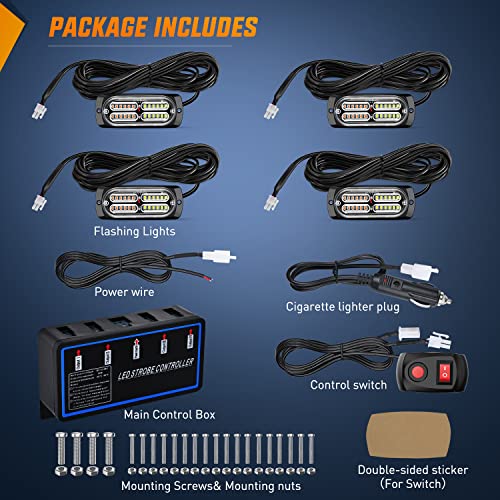 Nilight 4PCS LED Strobe lights 12V Sync Feature Amber White 24LED Emergency Hazard Warning Lights with Controller Hard Wire or Cigarette Lighter Plug for Car Truck RVs Campers - color: Amber White w/Controller