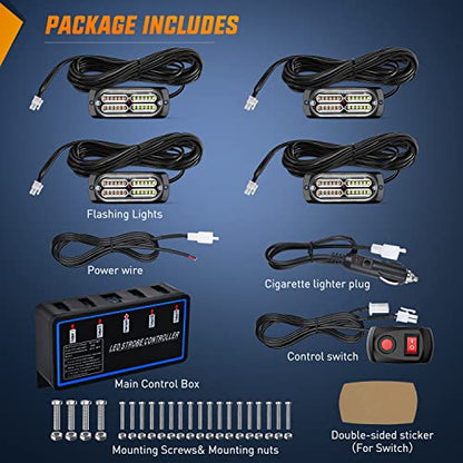Nilight 4PCS LED Strobe lights 12V Sync Feature Amber White 24LED Emergency Hazard Warning Lights with Controller Hard Wire or Cigarette Lighter Plug for Car Truck RVs Campers - color: Amber White w/Controller