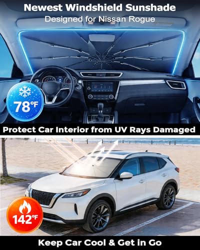 DMJN Umbrella Windshield Sun Shade for Nissan Rogue (2021-2026), Car Sunshade for Front Windshield [Nano Ice-Crystal Coatings] UPF50+ Heat & UV Block, Protect Interior & Keep Cooler - size: For | Nissan Rogue (2021-2026)