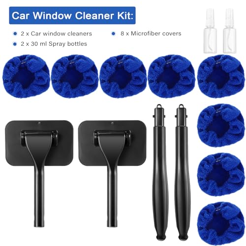 Frienda 2 Set Windshield Cleaner Tool Inside Car Windshield Cleaning Wand Auto Window Cleaner with Detachable Handle, 8 Reusable Microfiber Pads and 2 Spray Bottles for Car Interior(Blue) - color: Blue