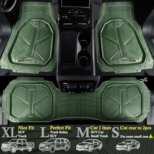 CAR PASS Heavy Duty Rubber Car Mats with Cargo Liner, Deep-Dish Car Floor Mats and Trunk Mat All Weather, Universal Trim-to-Fit for SUVs Trucks Sedans, Waterproof Anti-Slip, Trimmable V12 Olive Green - color: Green Full Set