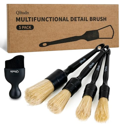 5PCS Car Detailing Brush,Boars Hair Detailing Brush Set, No Scratch,Ultra Soft for Interior and Exterior Car Cleaning, Dashboard, Leather Seat,Air Vents Wheels,Tires