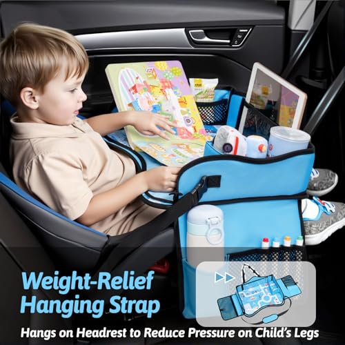 OUOZZZ Kids Travel Tray for Car - Boy's Safety Seat Table, Toddler Road Trip Essentials - Carseat/Airplane Lap Desk with Weight-Relief Strap, Non-Skid Silicone Base, Waterproof Dining/Craft Mat - color: Car