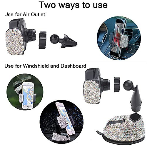 SUNCARACCL Bling Car Phone Holder, 360°Adjustable Universal Rhinestone Crystal Auto Phone Mount Stand Accessories for Windshield Dashboard and Air Outlet (White) - color: White