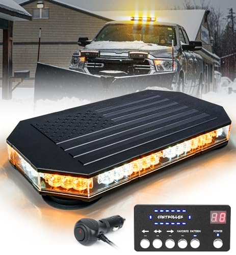 LUMENIX Rooftop Strobe Beacon Lights Bar w/Controller, American Flag Pattern White Amber LED Emergency Warning Traffic Flashing Light for Construction Vehicles Work Trucks Snowplow (Patented Design) - color: White Amber