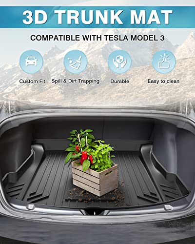 Mixsuper Custom Fit Cargo Liner for 2017-2023 Tesla Model 3, All Weather Trunk Mat Durable 3D Upgrade Anti-Slip Rear Trunk Liner Cargo Mat Black