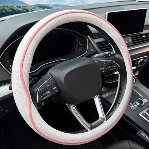 HAOTULE Leather Steering Wheel Cover， with Anti-Slip Stripe Design - Enhanced Grip, Fashion Style, Safe, Non-Slip, Breathable. Upgrade car Interior，White Pink - color: White Pink