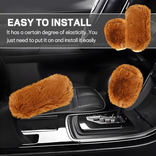 Hovom 2PCS Fluffy Car Gear Shift Knob Cover & Handbrake Cover, Soft Plush Hand Brake Handle & Gear Shift Cover for Women Girls, Universal Comfortable Warm Furry Car Accessories (Camel) - color: Camel