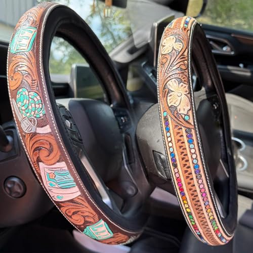 Western Cowboy Steering Wheel Cover Leather, Retro Car Tooled Leather Steering Wheel Cover, Embossed Hand-Painted Universal Anti-Slip - color: Q Color