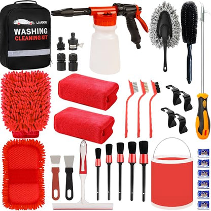 LIANXIN Car Wash Kit - Car Cleaning Kit,Car Wash Kit with Foam Gun, Microfiber Sponge and Towels,Tire Brush, Collapsible Bucket,Car Wash Foam Gun - size: XXL-30