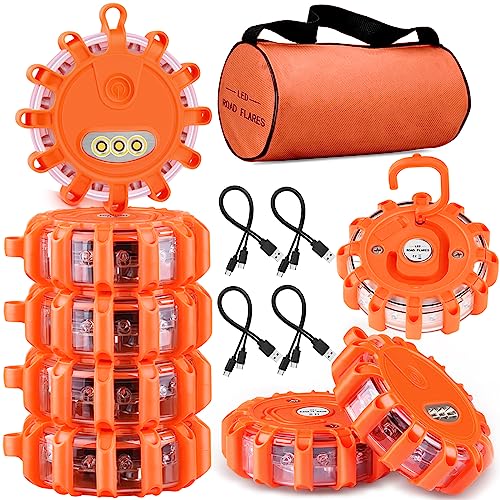 Tobfit 8 Pack USB-C Rechargeable LED Road Flares Roadside Emergency Car Kit, Emergency Lights for Vehicles Flashing Flare Beacon Disc with Magnetic Base & Hook, Carrying Bag, Type-C Cable Included - color: 8 Sets