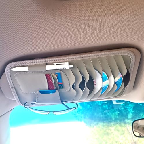 Grey Multifunctional Car CD Case Holder for Sun Visor Organizer Car CD Holder Organizer, 8 CD/DVD Storage Sleeves, 3 Bank Card Holder, 1 Sunglasses Holder, 1 Pen Holder - color: Grey