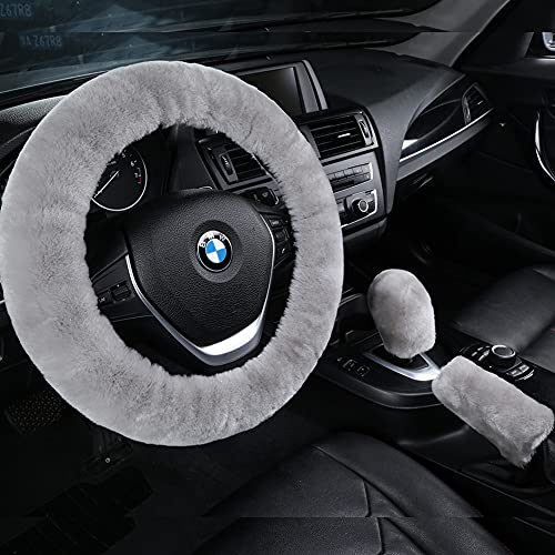 3Pcs/Set Pure Wool Fur Furry Steering Wheel Cover, Soft Fluffy Handbrake Cover Gear Shift Cover for Women Car SUV Truck Australia Sheepskin Accessories - color: Gray, size: Shearling Wool