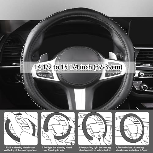 AUTOYOUTH Bling Steering Wheel Cover - Crystal Studded Rhinestone Non-Slip Breathable Design for Women/Girls, Universal Fit 14.5-15 Inch Black - color: BLACK