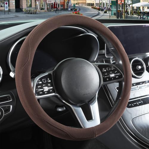14 inch Brown Suede Steering Wheel Cover, Breathable Non-Slip Sweat-Proof Wear-Resistant No Pilling, Warm in Winter and Cool in Summer - color: Brown, size: Round-S[13.5''-14'']