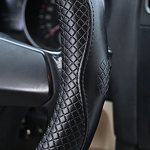 Haokay Heavy Duty Pure Cowhide Steering Wheel Cover, Black Genuine Leather Steering Wheel Cover Men Women Universal 14.5 to 15 Inch - color: black-3