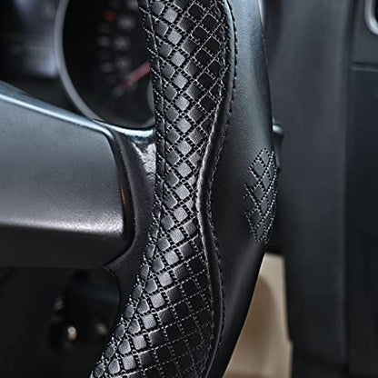Haokay Heavy Duty Pure Cowhide Steering Wheel Cover, Black Genuine Leather Steering Wheel Cover Men Women Universal 14.5 to 15 Inch - color: black-3
