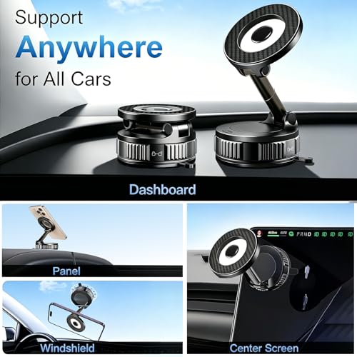 Magnetic Phone Holder for Car, 360° Rotation Magnetic Car Phone Mount, Vacuum Suction Dashboard Windshield Cell Phone Car Mount, Universal Tesla Magnetic Holder for MagSafe iPhone Android