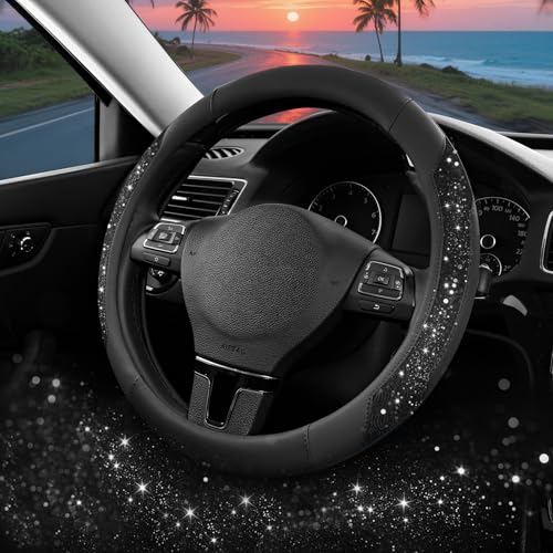 PIC AUTO Steering Wheel Cover, Black Sparkly Crystal Bling Glitter with Leather, Universal Fit 14.5"-15.5" Car Steering Wheels for Girls & Women, Anti-Slip Wheels Cover for Cars, Trucks, Van, SUVs - color: Black Glitter