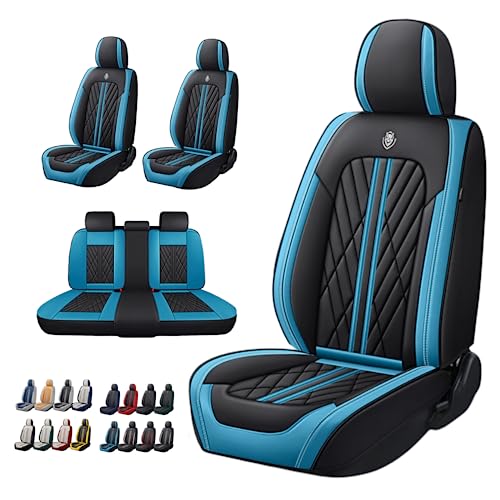 Universal Fit Waterproof Breathable Nappa Leather Automotive Vehicle Car Seat Covers Set Cushion Protector for Sedan SUV - color: Black Light Blue, size: Full Set 5 Seats
