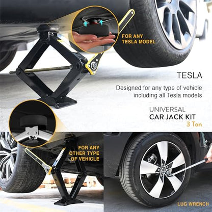 Car Jack Kit with Tesla Pad & Universal Rubber Pad 3 Ton (6,600 lbs) | Scissor Jack for Car - Tire Jack Tool Kit | Portable, Ideal for SUV and Auto - Universal Emergency Kit with Lug Wrench - size: Car Jack Kit 3 Ton + pads/gloves/tire press