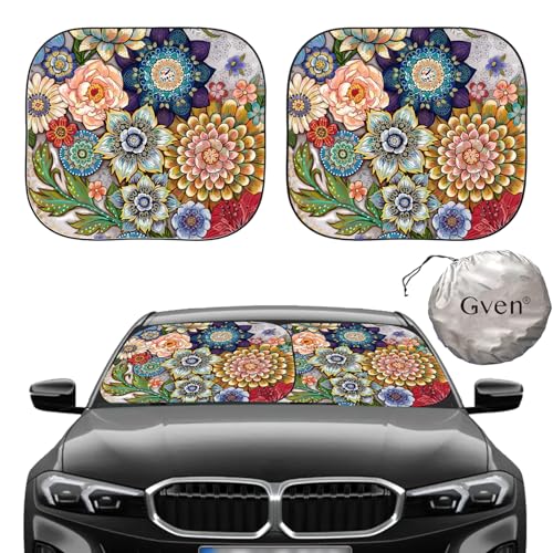 Gven Windshield Sun Shade for Car 2-Piece Foldable Sunshade for Front Windows, Blocks UV Rays, Automotive Interior Sun Protection Car Summer Accessories（Floral,M） - color: Florals, size: Medium