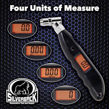 Silverback Digital Tire Pressure Gauge, 0-150 PSI. Tire Pressure Gauge for Car, Truck, Motorcycle, RV's, ATV's, Dirt Bikes, Lawn Tractor & Bicycle Tires. Backlit LCD Screen with 4 Unit Measurements.