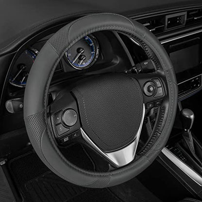 Motor Trend Perforated Microfiber Leather Steering Wheel Cover for Cars Trucks SUVs Vans, Sporty Racing Improved Grip Anti-Fatigue Ergonomic Design, Airbag Compatible - Fits Standard 15" Inch - Gray