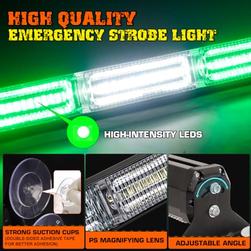 2x17.7 Emergency Strobe Traffic Advisor Lights w/Remote Control Interior Windshield Strobe Volunteer Warning Hazard Safety Lights for Vehicles Trucks, Green/White - color: #06 Green/ White