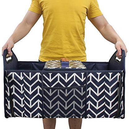 Orionstar Trunk Organizer, Foldable Car Storage Bag Portable Insulation Cooler Bag Collapsible Vehicle Organizer Divider Storage Totes with 3 Compartment Cargo Tote for Groceries Caddy SUV, Navy Blue