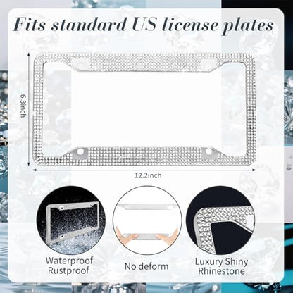 Timtin 2 Pcs Bling License Plate Frame Sparkly Rhinestone Diamond Accessories Stainless Steel Front License Plate Cover with Bling 4 Crystal Tire Valve Caps 1 Start Ring Sticker(White) - color: White