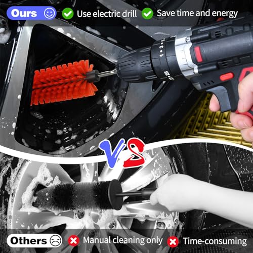Drill Brush for Car Wheel and Bottle, Highly Dense and Durable Car Cleaning Brush for Wheels, Rims, Engines, Exhaust, Bottle - color: 1 Pack Red