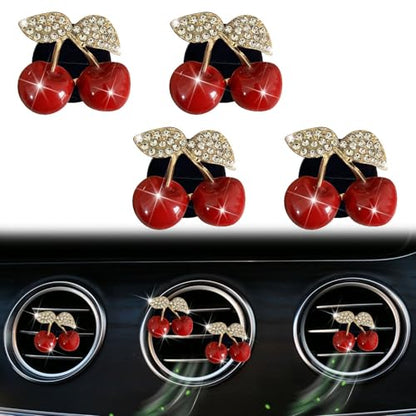 4 Pcs Cherry Car Air Vent Freshener Clip, Rhinestone Car Air Outlet Fragrance Freshener, Bling Cute Automobile Accessories Decoration for Women,Air Fresheners Decor（Odor Random）