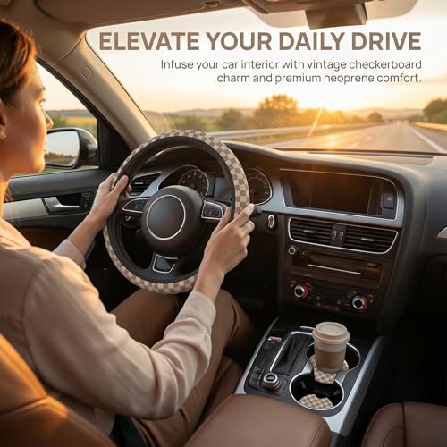 Checkered Brown Steering Wheel Cover - Universal 14-15 Inch Anti-Slip Breathable with 2 Pcs Car Coasters Suitable Men Women Checkered Car Wheel Cover Accessories - color: Checkered K